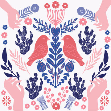 Scandinavian  pattern with birds and flowers