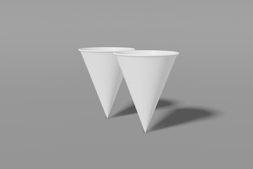 Set of two white paper mockup cups cone shaped on a grey background. 3D rendering