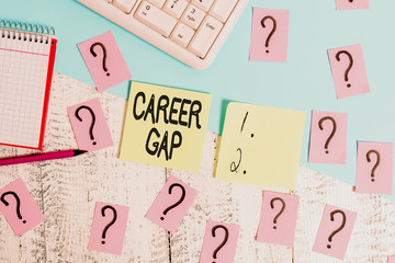 Conceptual hand writing showing Career Gap. Concept meaning A scene where in you stop working by...
