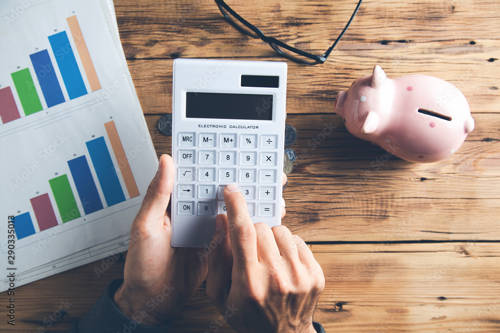 Poster man hand calculator and document with piggy bank