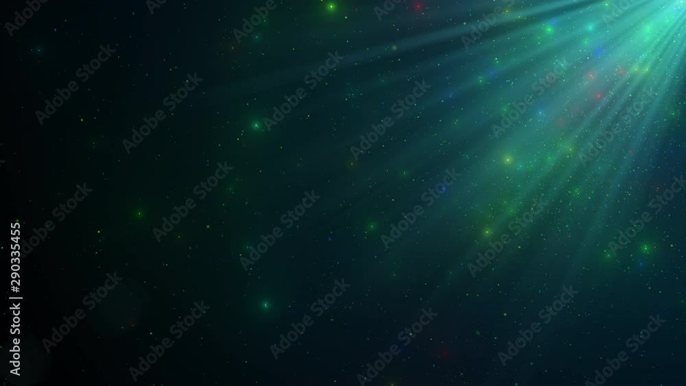Poster abstract background of sparkling floating milticolored dust particles and rays of light on an isolat