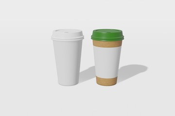 Two paper cups with a lid - white and brown with place for text on a white background. 3D rendering