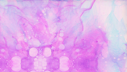 Fototapeta na wymiar Fantasy light blue, pink and purple alcohol ink abstract background. Bright liquid watercolor paint splash texture effect illustration for card design, modern banners, ethereal graphic design.