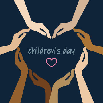 human hands with different skin colors form a heart for childrens day vector illustration EPS10
