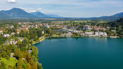 View of the city of Bled on the shores of Lake Bled in Slovenia