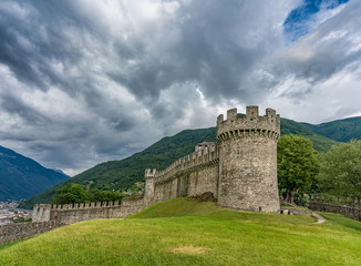 Fototapeta na wymiar Bellinzona, Switzerland - 15 07 2019: Medieval castle Montebello in Bellinzona in canton of Ticino, Switzerland.
