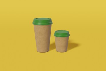 Two mockup paper cups brown color of different sizes with a green lid on a yellow background. 3D rendering