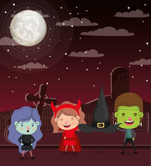 Naklejka premium halloween season scene with kids on graveyard