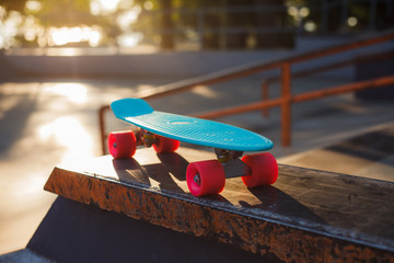 Youth plastic skateboard in a skatepark. Youth Summer Concept