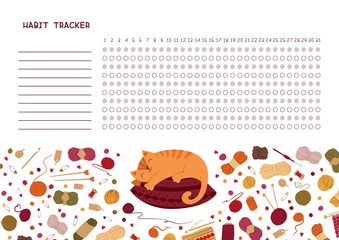 Habit tracker for month flat vector template. .Knitting themed blank, personal organizer with decorative frame. Adorable kitten sleeping on knitted pillow flat illustration with text space.