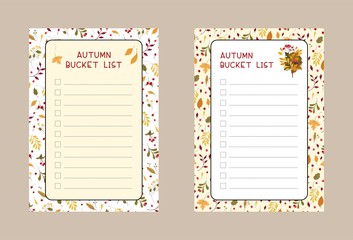Autumn bucket lists flat vector templates set. Weekly and daily .planner pages designs pack. Diary, notepad checklist layout © Valin Malin