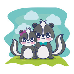 cute skunks couple characters vector illustration