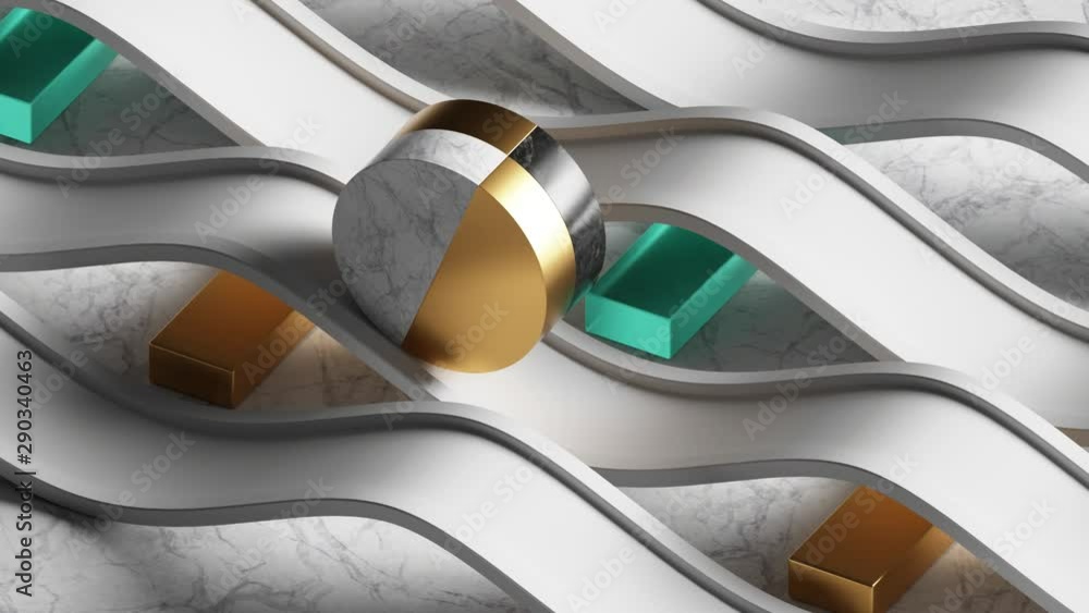 Poster loop animation of 3d gold cylinder rolling on white wavy road. minimalism. computer generated seamle