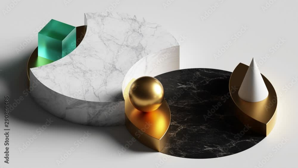 Poster loop animation of simple geometric shapes, 3d rendering of rotating marble podium, blank pedestal. c