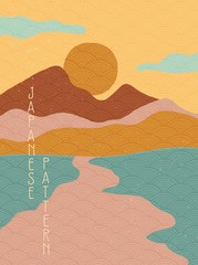 Simple stylised minimalist Japanese landscape in muted colors, abstract elements. Vector illustration