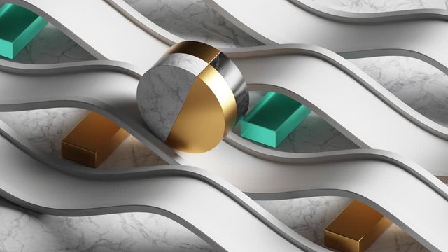 loop animation of 3d gold cylinder rolling on white wavy road. Minimalism. Computer generated seamless motion design. Repeated movement. Live image, modern animated poster of simple geometric shapes.