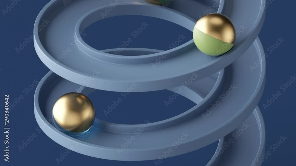 Poster minimalist loop animation, golden balls rolling down the blue spiral, simple geometric shapes. seaml