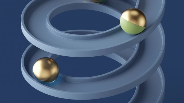 minimalist loop animation, golden balls rolling down the blue spiral, simple geometric shapes. Seamless movement. Looped background, repeating live image, modern animated poster. Endless motion design