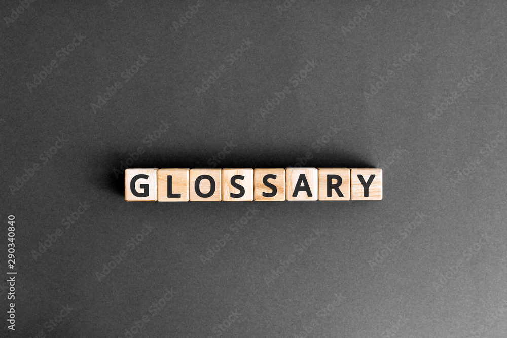 Aufkleber glossary - word from wooden blocks with letters, alphabetical list with words meanings dictionary gl