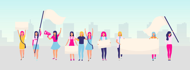 Women empowerment protest flat vector illustration. Feminist demonstration, girl power movement concept. Feminism, women rights protection. Female activists holding blank placards cartoon characters