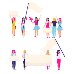 Female protesters with blank placards flat vector characters. Feminist activists, women rights protection, gender equality protest participants. Feminism, women empowerment cartoon illustrations