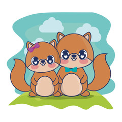 cute couple chipmunks characters vector illustration