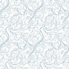 Elegant Swirl Seamless Pattern. Continuous Blue-gray curls isolated on white.