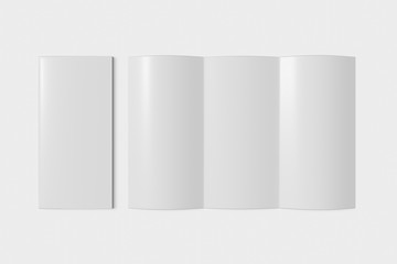 Tri fold booklet mockup closed and open on a white background. 3D rendering