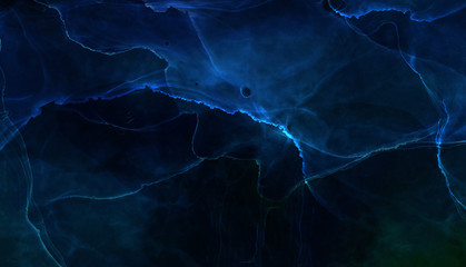 Bright dark blue alcohol ink neon abstract background. Modern deep glowing flow liquid watercolor paint splash texture effect illustration for card design, creative banners, ethereal graphic design.