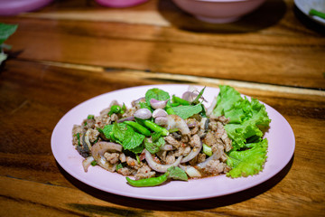 Spicy minced beef salad with fresh mint and chili