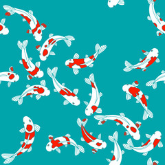 Koi carps in a Japanese pond. Vector seamless japanese fish pattern on turquoise background.