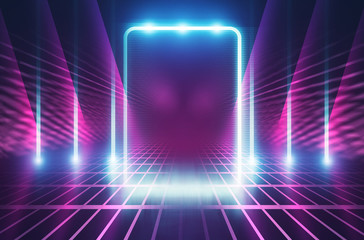 Abstract background. Dark empty stage, multi-colored rays of a neon searchlight, wet asphalt,...