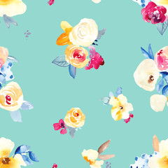 Fall Watercolor Flowers Background Pattern. Seamless Floral Background