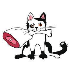 a cute white and black cat with yellow orange eyes holding a huge chunk of red meat in his mouth - funny flat hand drawn vector illustration