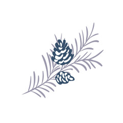 Fototapeta na wymiar Hand drawn Christmas vector element of pine cone with branch and place for your text. Concept xmas winter holiday for design. Happy New Year