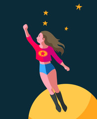 Obraz premium a young healthy woman in superhero outfit flying high in the night sky with a had lifted above in winner gesture - hand drawn vector illustration
