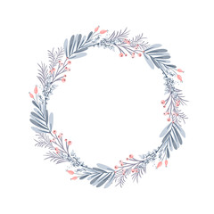 Fototapeta na wymiar Christmas vector wreath and red berries on evergreen branches with place for text. Isolated xmas illustration for greeting card