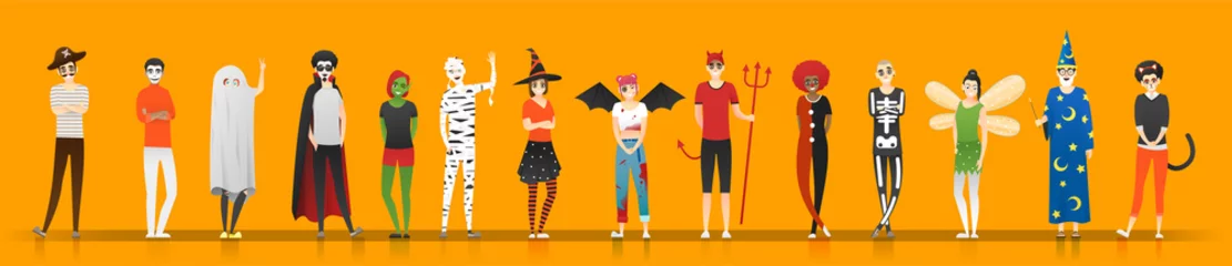 Foto op Plexiglas Happy Halloween , group of teens in Halloween costume concept isolated on orange background , vector, illustration © littleartvector