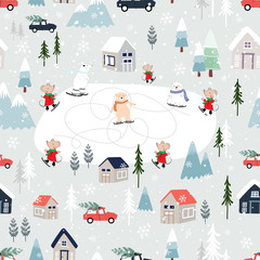 Seamless pattern Cute Christmas landscape in the town with fairy tale houses, polar bear playing ice skates, trees and cars, Vector Panorama flat design in winter city life on Christmas