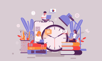 Flat web page design template of time management homepage or header decorated people character for website and mobile website development. Flat landing page template. Vector illustration.