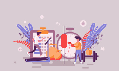 Flat web page design template of fitness homepage or header decorated people character for website and mobile website development. Flat landing page template. Vector illustration.