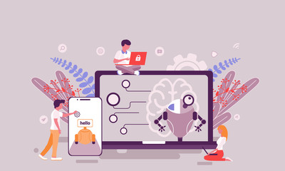 Flat web page design template of artificial intelligence homepage or header decorated people character for website and mobile website development. Flat landing page template. Vector illustration.