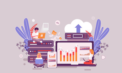 Flat web page design template of web hosting homepage or header decorated people character for website and mobile website development. Flat landing page template. Vector illustration.