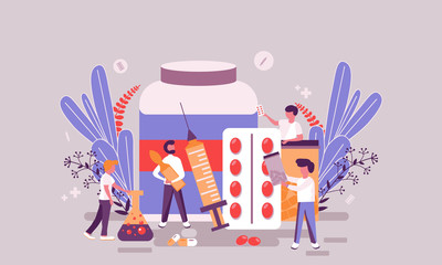 Flat web page design template of pharmacy homepage or header decorated people character for website and mobile website development. Flat landing page template. Vector illustration.