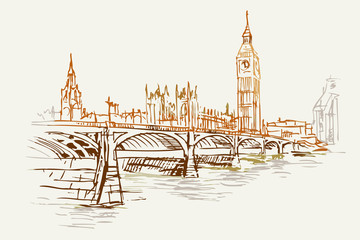 Rysynek ręcznie rysowany. Widok na most w Londynie obok wieży Big Ben i  westminster © Edwardkarczmarski