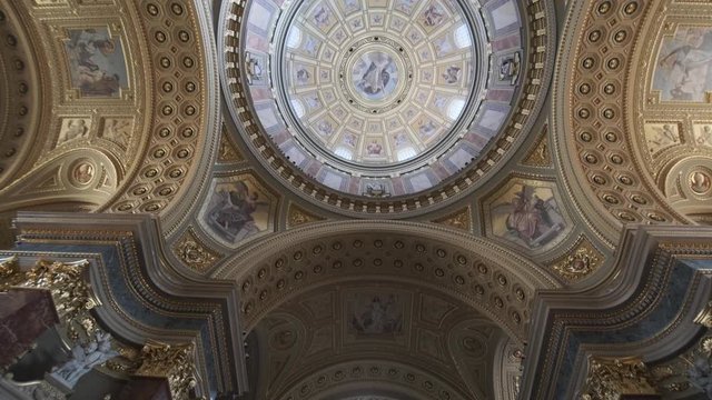 BUDAPEST, HUNGARY - AUGUST 19, 2019: Inside view of St. Stephen Basilica in Budapest. Tilt