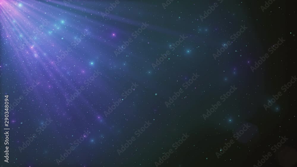 Poster abstract background of sparkling floating neon dust particles and rays of light on an isolated black