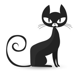 Cute black cat on a white background. Halloween paraphernalia. Vector illustration.