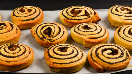 Baked cookies with raisins and poppy seeds on a trail.