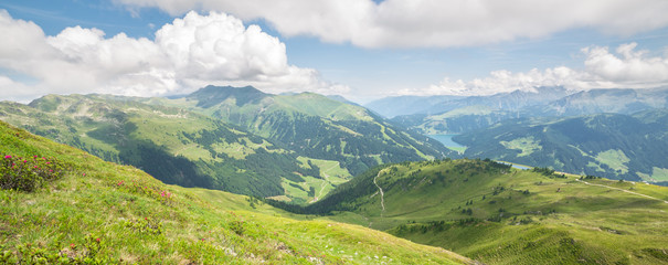 Panoramic landscape image of mountain landscape near Gerlos in Tirol, Austria